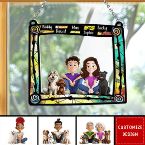 Cute Cartoon Couple And Dogs-Personalized Window Hanging Suncatcher Ornament