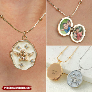 Personalized Photo Locket Necklace with Angel-Memorial Gift