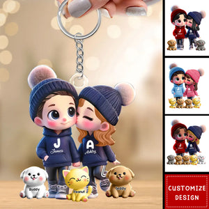 Cute Cartoon Couple You Me And The Dog Cat Personalized Acrylic Keychain-Gift For Couple