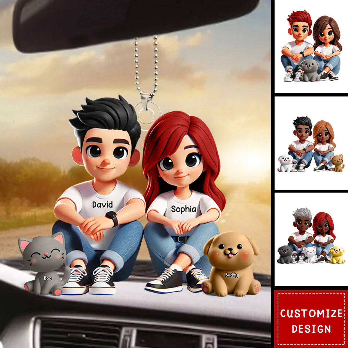 Cute Couple And Dogs Cats Personalized Car Ornament-Gift For Couple