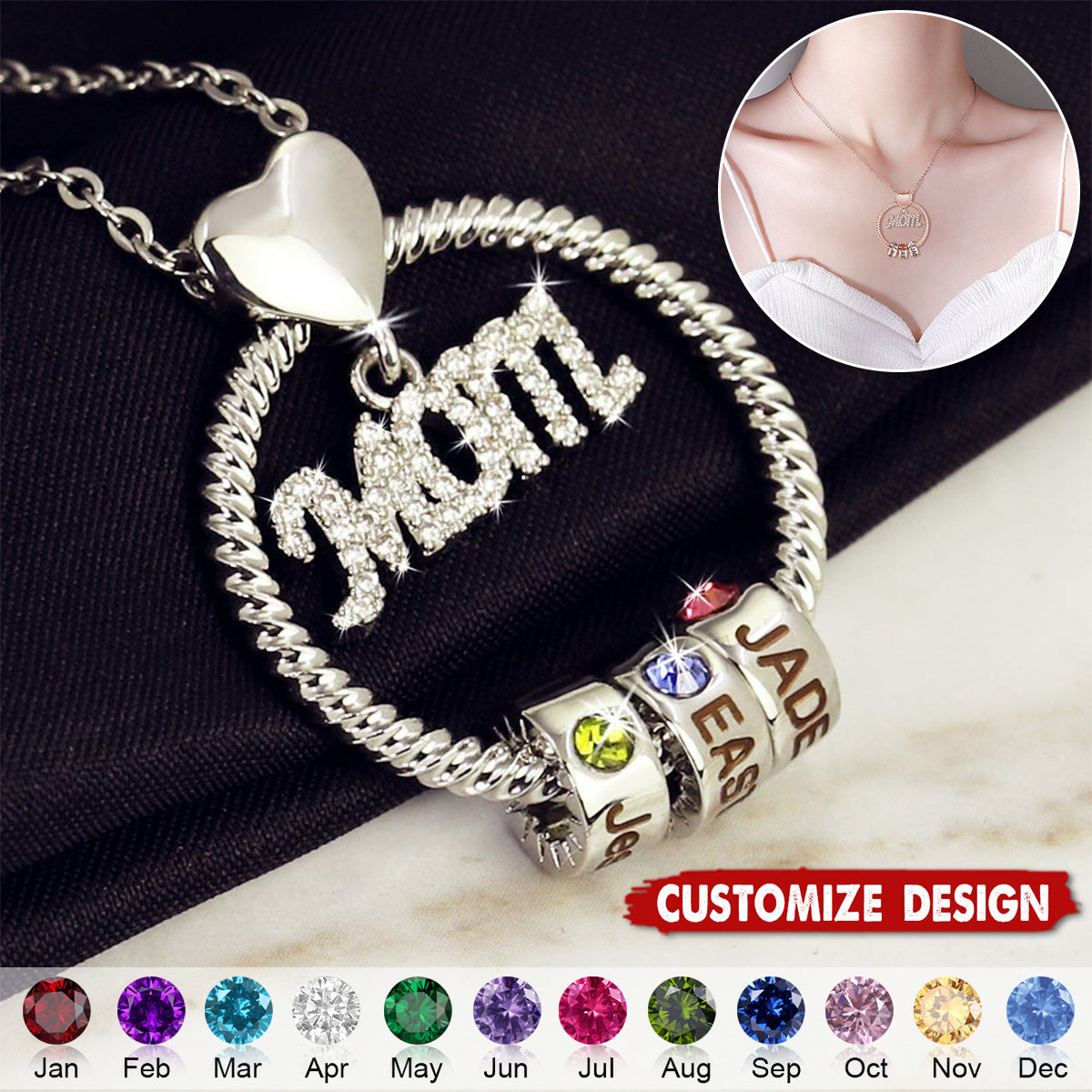 Personalized Circle Pendant With Birthstone Beads Necklace - Gift For Mom Grandma