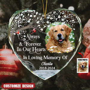 Custom Photo Always And Forever In Our Hearts Memorial - Personalized Heart Shaped Glass Ornament - 2024 New Release