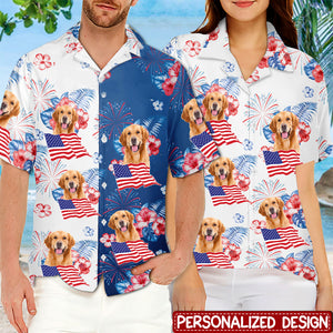 Dog & Cat Patriotic Tropical Personalized Unisex Hawaiian Aloha Shirt - Independence Day, 4th Of July, Gift For Pet Lovers