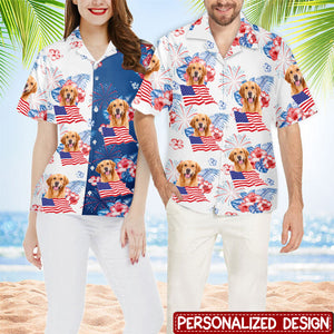 Dog & Cat Patriotic Tropical Personalized Unisex Hawaiian Aloha Shirt - Independence Day, 4th Of July, Gift For Pet Lovers