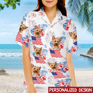 Dog & Cat Patriotic Tropical Personalized Unisex Hawaiian Aloha Shirt - Independence Day, 4th Of July, Gift For Pet Lovers