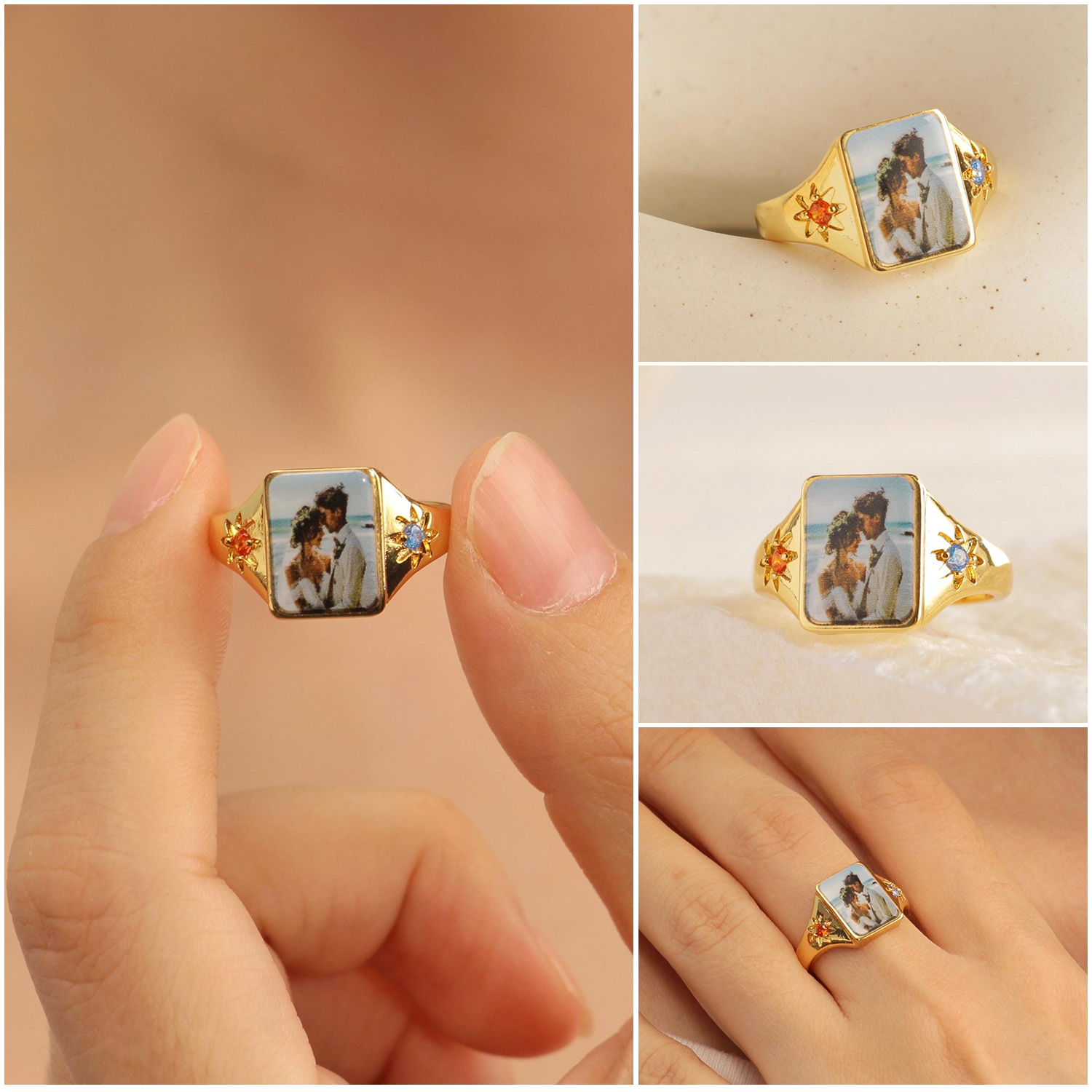 Custom Photo Personalized Rings With 2 Birthstones, Gift for Couple, Family