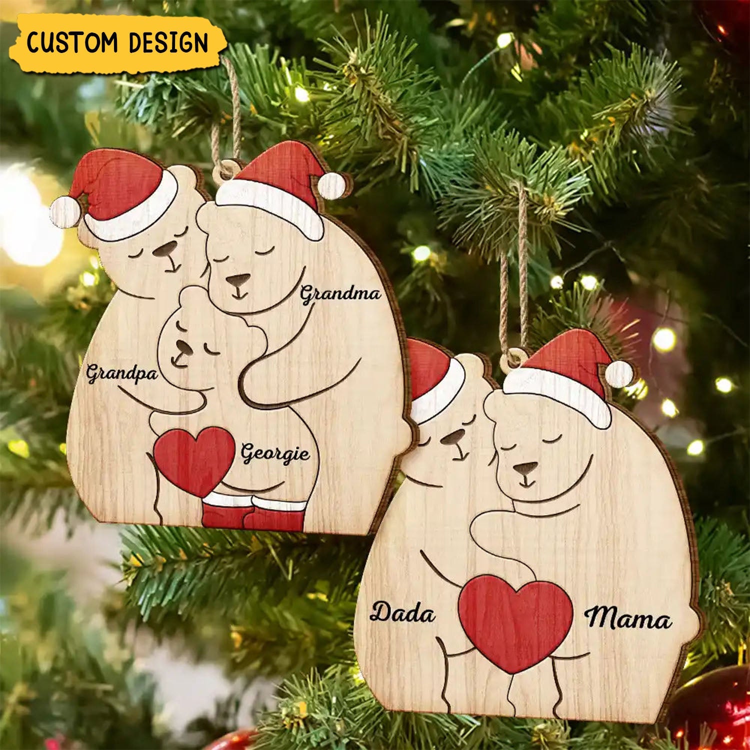 2024 New Release - Christmas Bear Family - Personalized Wooden Ornament