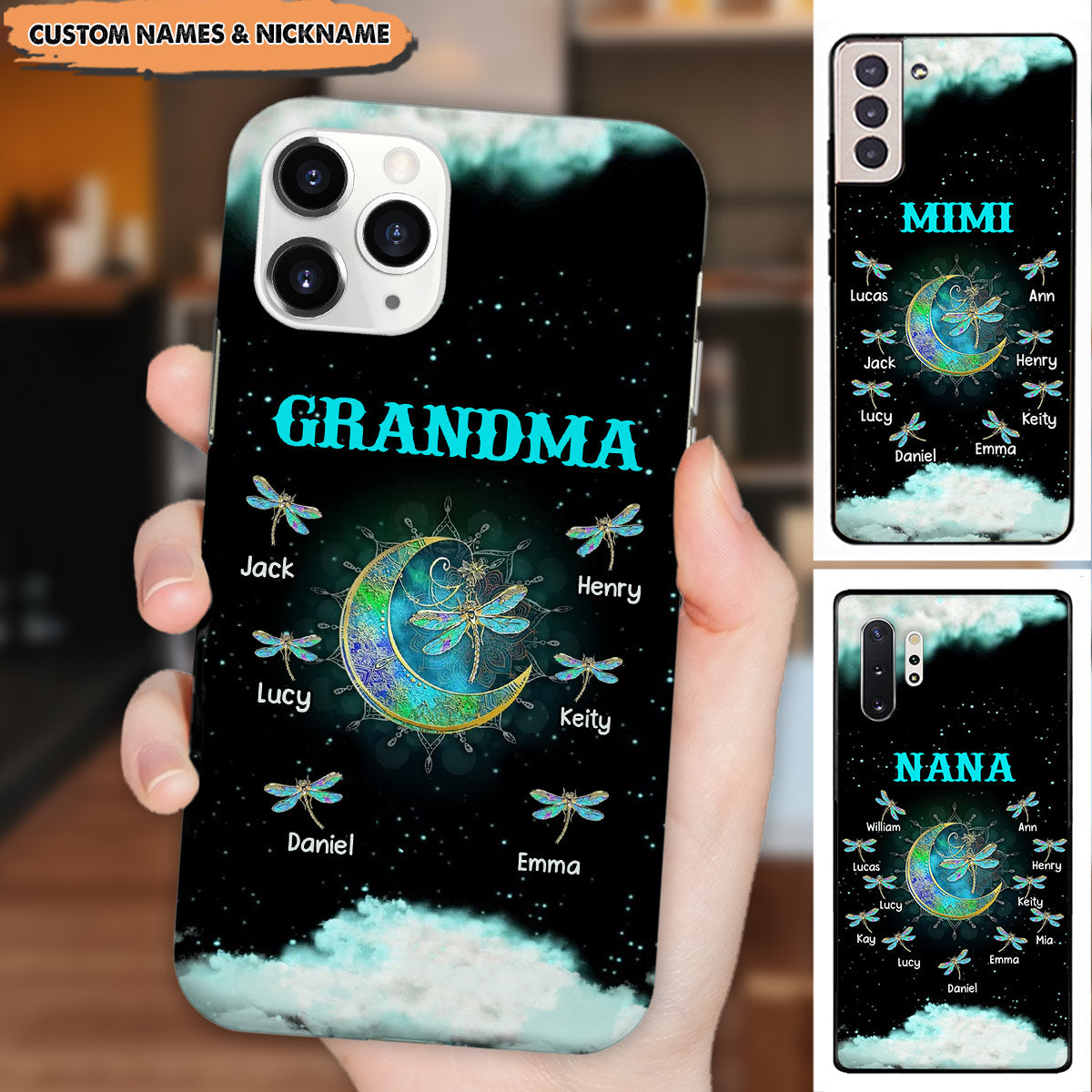 Personalized Grandma Mom Nana Grandkids Dragonfly Moon Phone Case