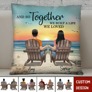 Retro Vintage Back View Couple Sitting Beach Landscape Personalized Pillow