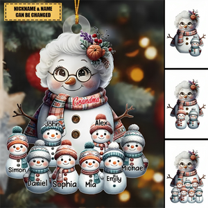 Snowman Grandma With Adorable Grandkids - Personalized Acrylic Ornament