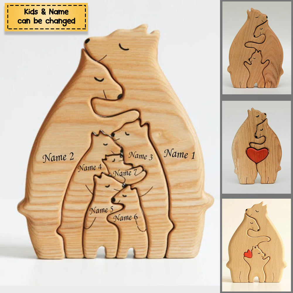 (Shipping Worldwide) Personalized Bear Family Wooden Art Puzzle, Gift For Family