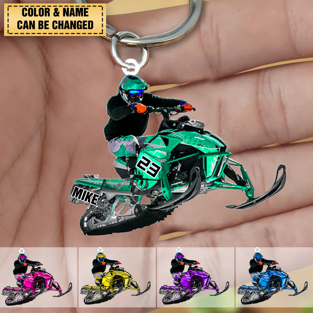 Personalized Snowmobile Rider Jumping Through Snow Acrylic Keychain