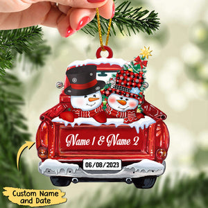 Personalized Christmas Couple Snowman On Red Truck Ornament