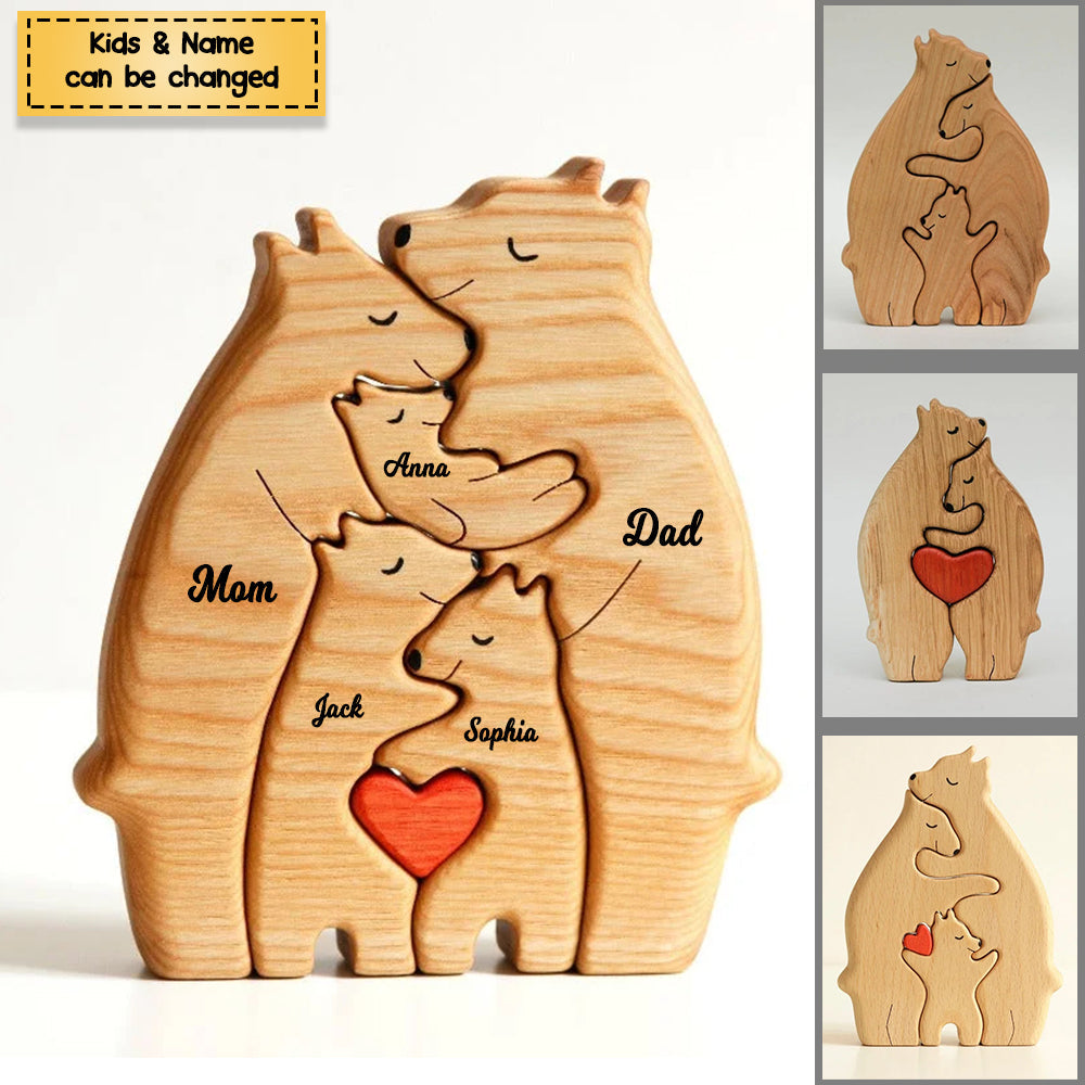 (Shipping Worldwide) Personalized Bear Family Wooden Art Puzzle, Gift For Family