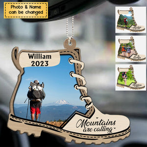Mountains Are Calling - Personalized Photo Upload Gifts Wooden Car Ornament for Hiking Lovers