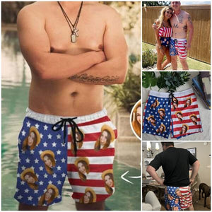 Personalized Swim Trunks Custom Swimming Shorts Custom Face Stars Stripes Men's Quick Dry Swim Shorts Mens Print Swimwear with Girlfriend's Face for Vacation