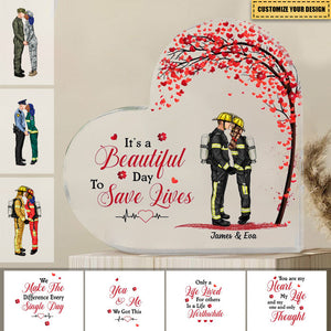 It'S A Beautiful Day To Save Lives - Personalized Acrylic Plaque For Firefighter, Ems, Police Officer, Military, Nurse Couples