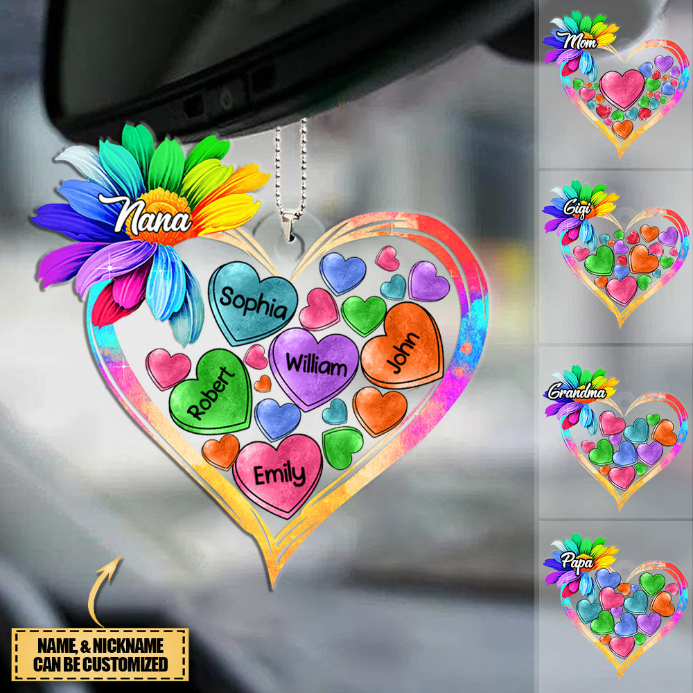 Colorful Sunflower Grandma Mom Heart Loads Of Love,  Personalized Car Hang Ornament