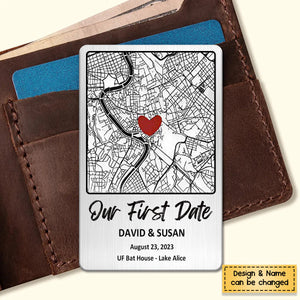 Our First Date - Personalized Map Aluminum Wallet Card - Gift For Couple