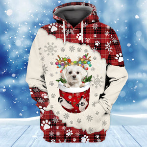 WHITE Maltese In Snow Pocket Merry Christmas Unisex Hoodie