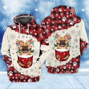 brown French Bulldog In Snow Pocket Merry Christmas Unisex Hoodie